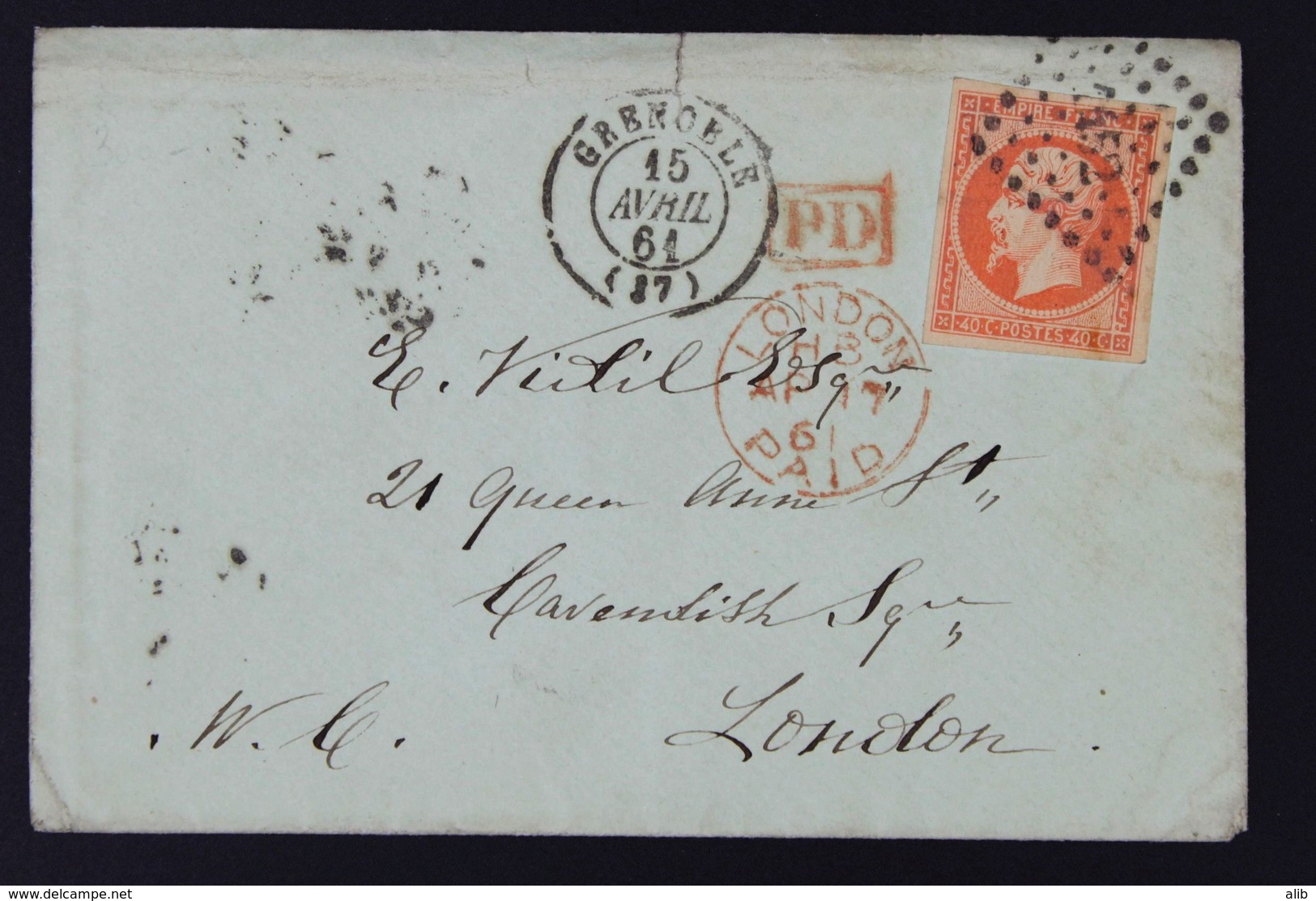 France Lettre 1853-60 Emission Empire Non Dentelé Napoleon III 40c Orange No16 15-04-1861 à London Grande Bretagne - 1849-1876: Période Classique