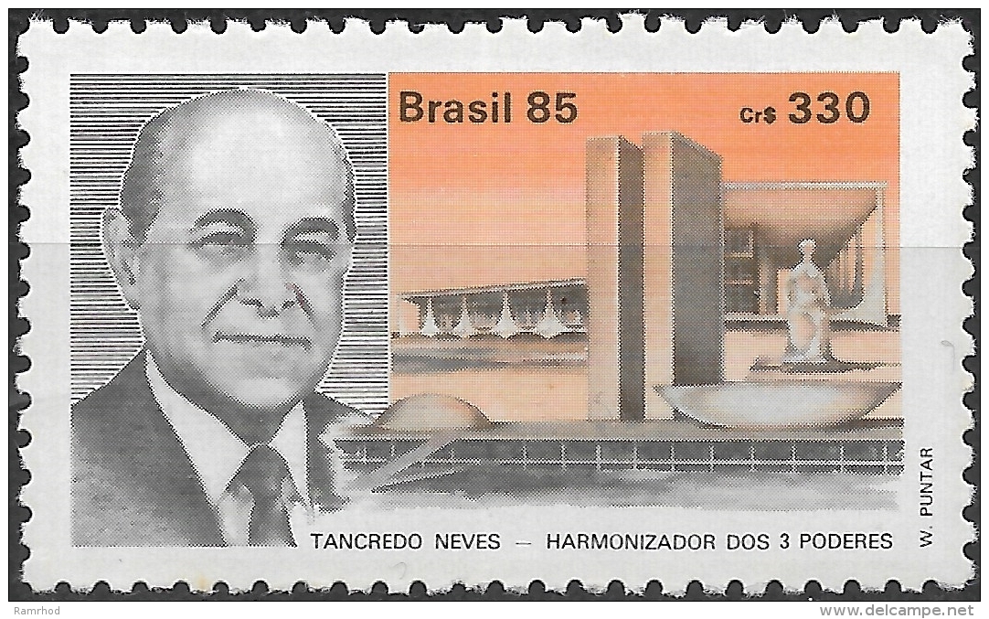 BRAZIL 1985 Tancredo Neves (President-elect) Commem -  330cr Neves And Brasilia Buildings MNH - Neufs