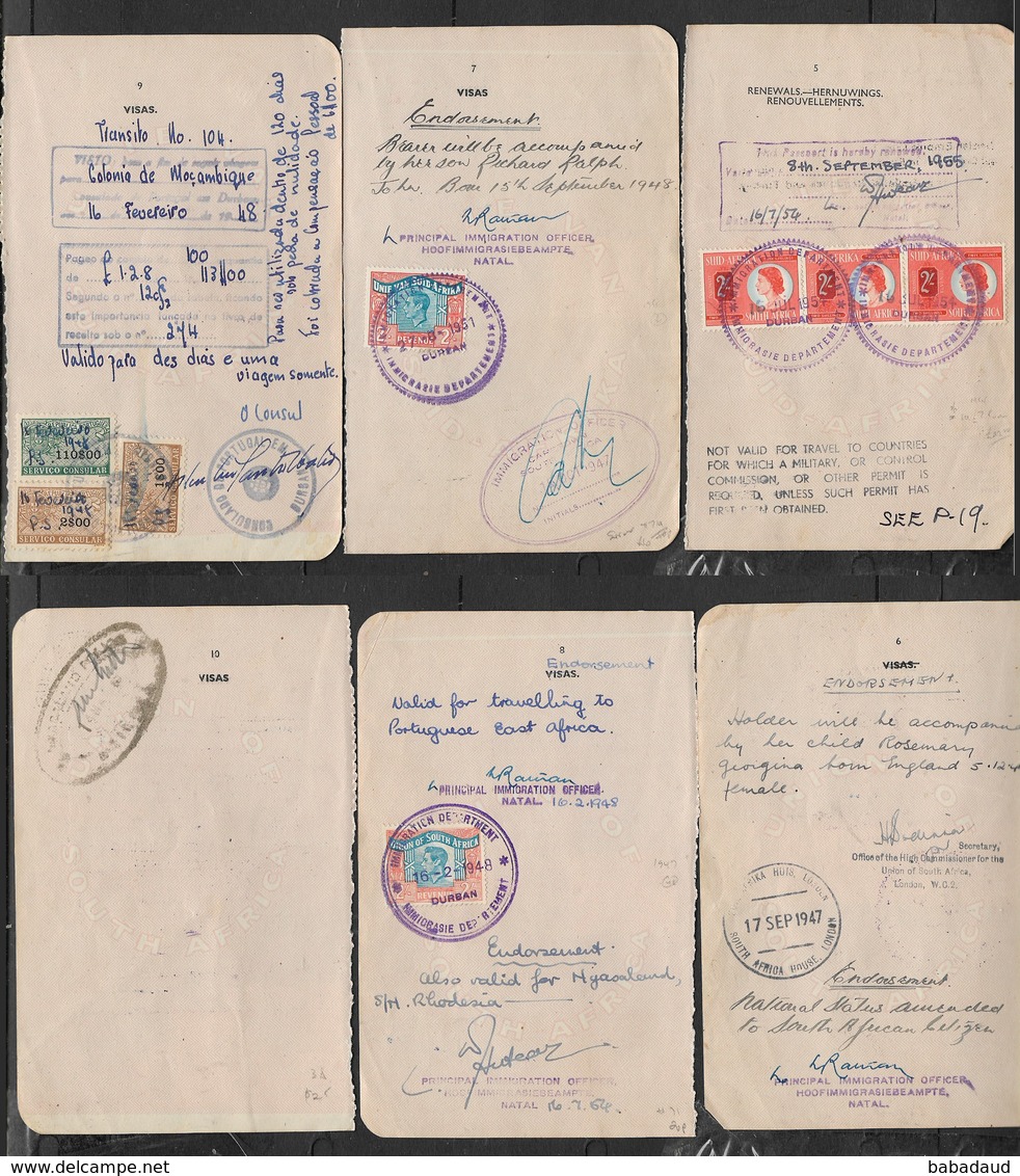 S.Africa, 1948 54, 3 Passport Pages, Revenue Stamps GVIR 2/= Language Error, QE II 2/= X3, Portugal 110$, 2$, 1$ - Covers & Documents