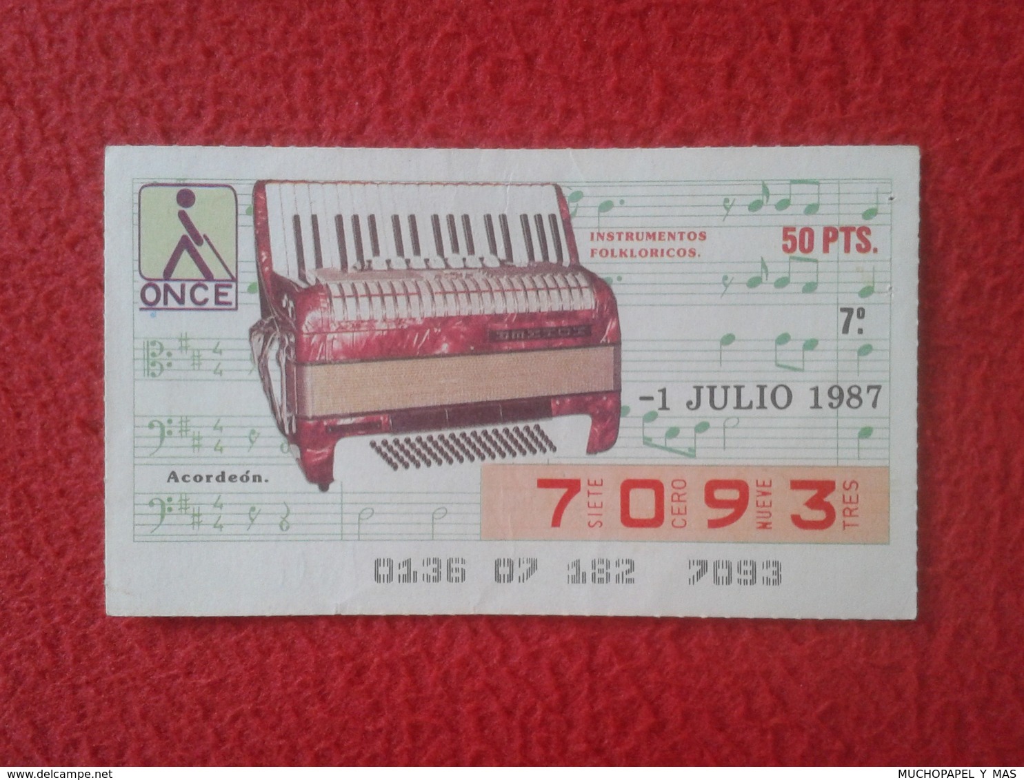 CUPÓN DE ONCE SPANISH LOTERY CIEGOS SPAIN LOTERÍA ESPAÑA BLIND 1987 ACORDEÓN ACCORDÉON ACCORDION AKKORDEON VER FOTO/S - Billets De Loterie