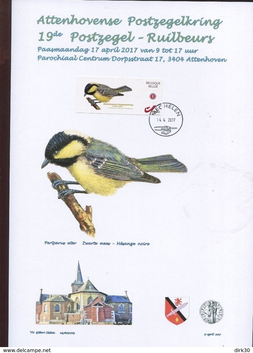 Belgie 2015 Buzin Zwarte Mees Birds 14/4/2017 Mechelen  SPAB Attenhoven Herdenkingskaart A4 DUOSTAMP - 1985-.. Pájaros (Buzin)