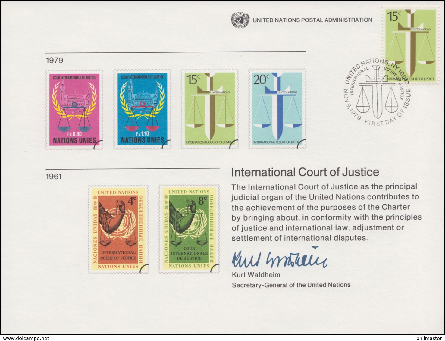 UNO Erinnerungskarte EK 16 Internationaler Gerichtshof 1979, NY-FDC 9.11.1979 - Other & Unclassified