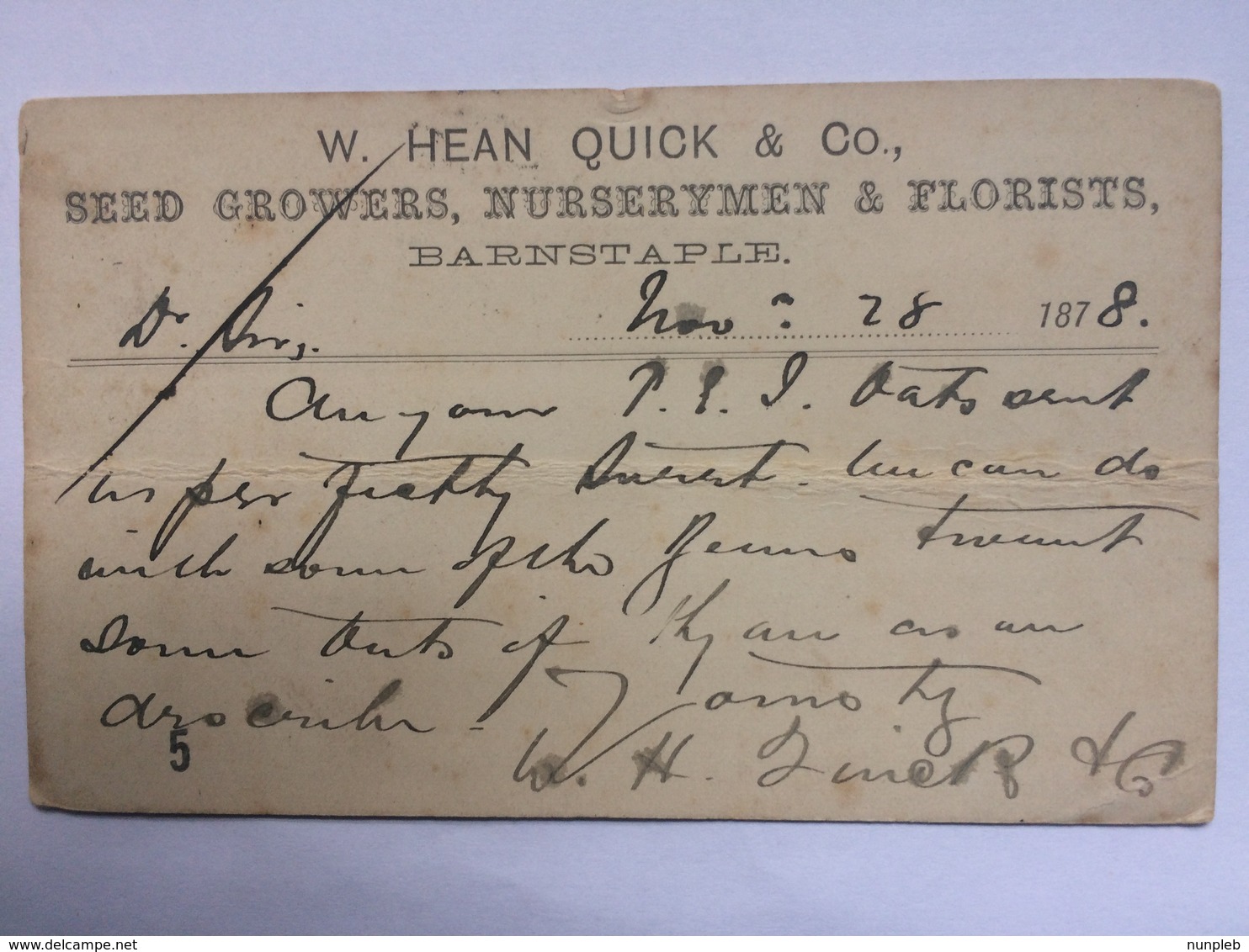 GB - Victoria 1878 Postal Stationary Card - Barnstaple - `Seed Growers, Nurserymen & Florists` - `W. Hean Quick & Co.` - Covers & Documents