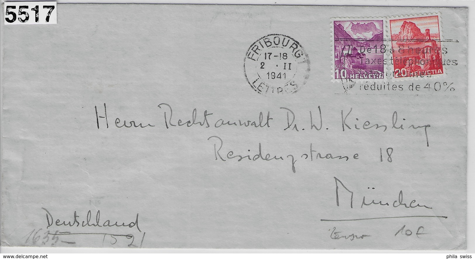 1941 Zensurbrief 203/299 215/327 Rollenmarken Fribourg 2.II.41 To München - Rollen