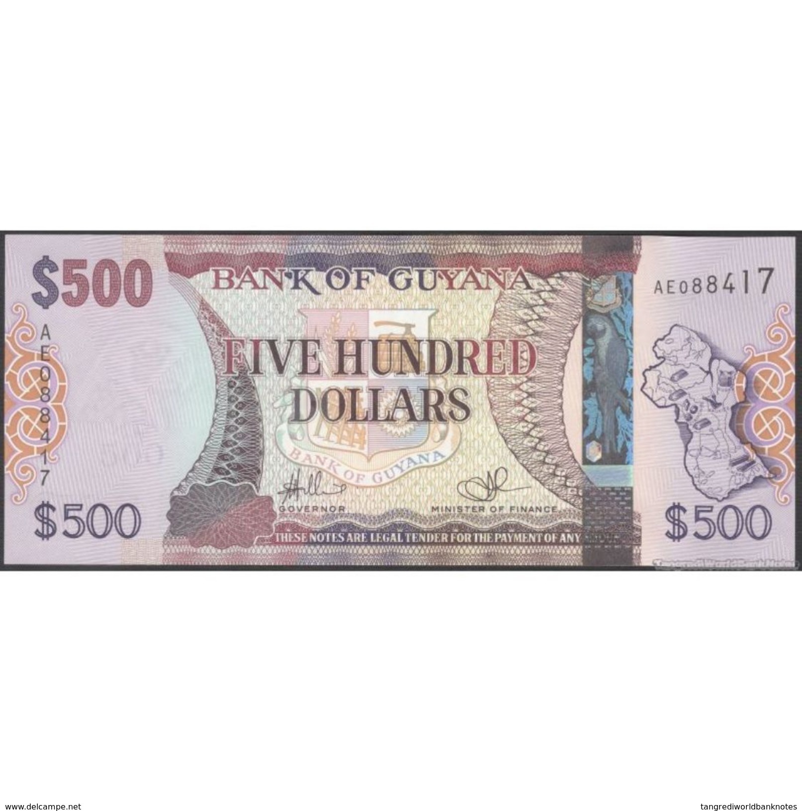 TWN - GUYANA 37 - 500 Dollars 2011 Prefix AE - Signatures: Williams & A. Singh UNC - Guyana