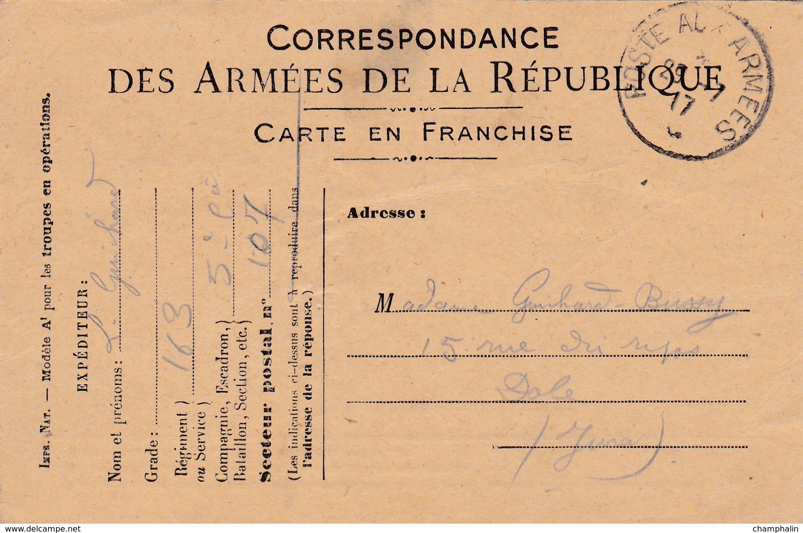 Carte De Correspondance Des Armées - Pour Dole (39) - 26 Juillet 1917 - 163ème Régiment D'Infanterie - SP N°107 - Guerre De 1914-18