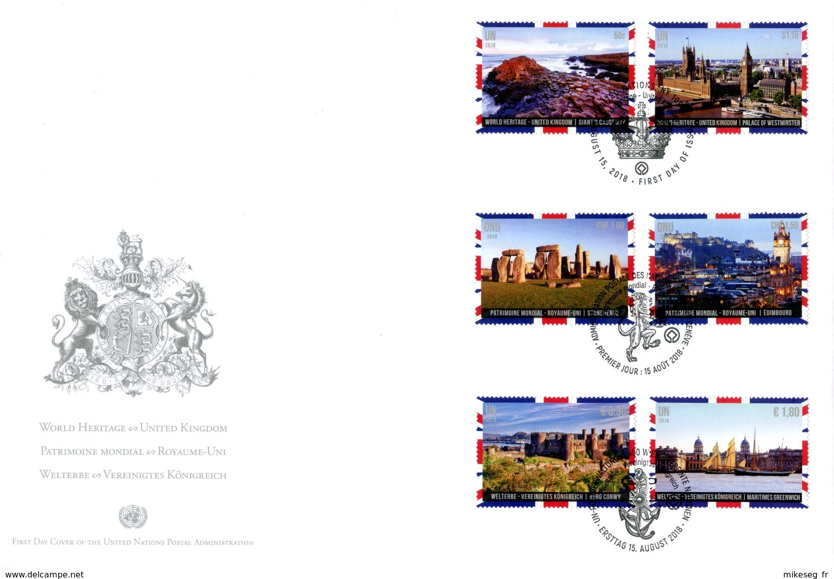 ONU New-York Genève Vienne 2018 - Unesco - Patrimoine Mondial "United Kingdom" FDC - Emissions Communes New York/Genève/Vienne