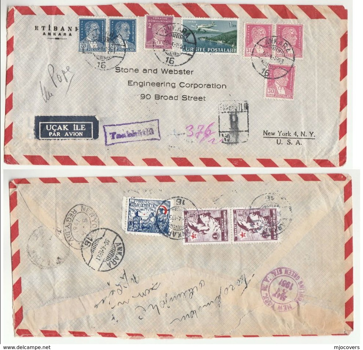 1951 Registered TURKEY COVER Stamps RED CRESCENT CHILD NURSE AIRCRAFT Airmail To USA Health Red Cross Nursing Aviation - Covers & Documents