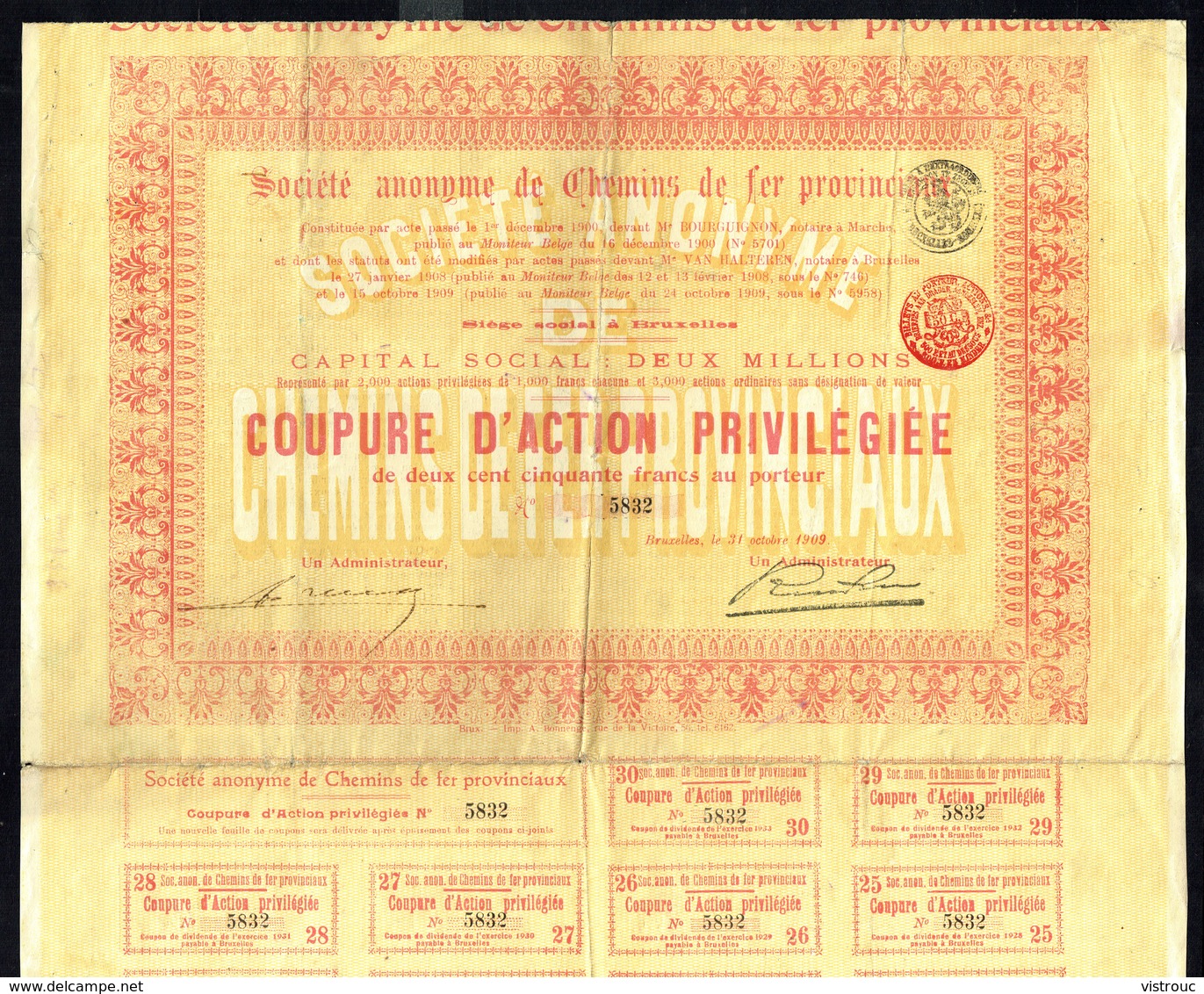 SOCIETE ANONYME DE CHEMINS DE FER PROVINCIAUX  - Coupure D'action Privilègiée De 250,- Frs Au Porteur - 1909. - Chemin De Fer & Tramway