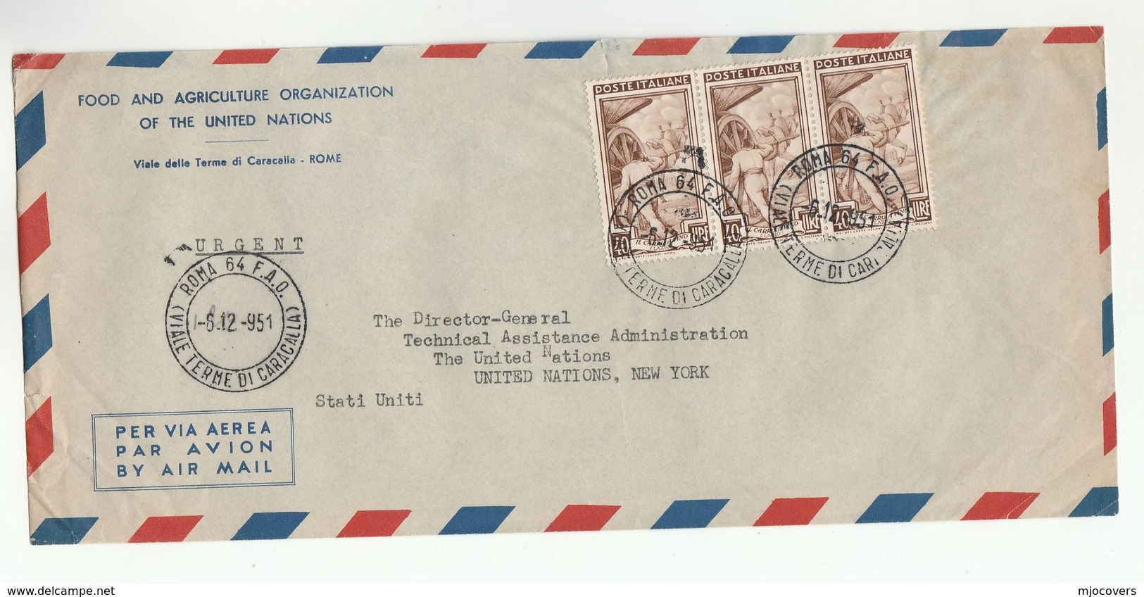 1951 Italy UN FAO Airmail COVER To UN DIRECTOR GENERAL TECHNICAL ASSISTANCE NY USA United Nations Horse Cart Stamps - 1946-60: Marcophilia