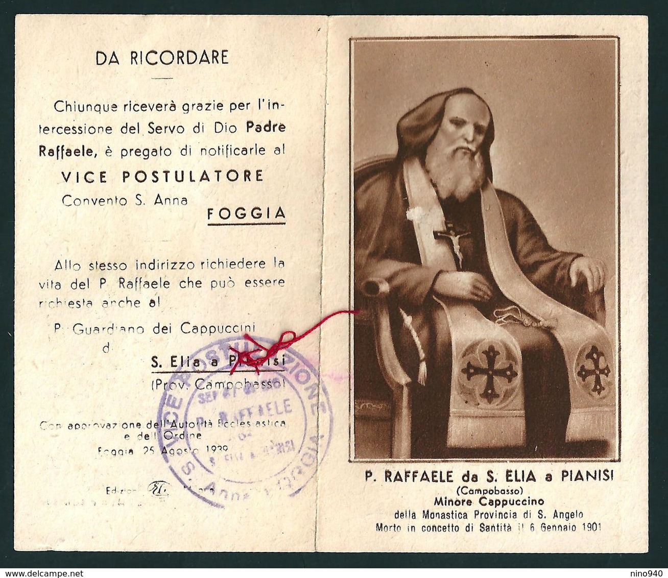 P. RAFFAELE DA S. ELIA A PIANISI -  CON RELIQUIA - Mm. 61 X 105 - M - A - Religion &  Esoterik