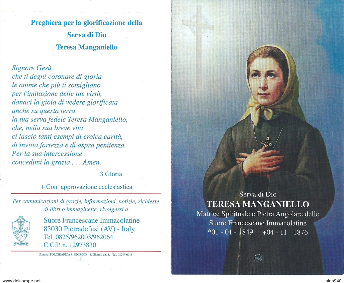 S.D.D. TERESA MANGANIELLO -  CON RELIQUIA - Mm. 99 X 159 - M  - A - Religione & Esoterismo