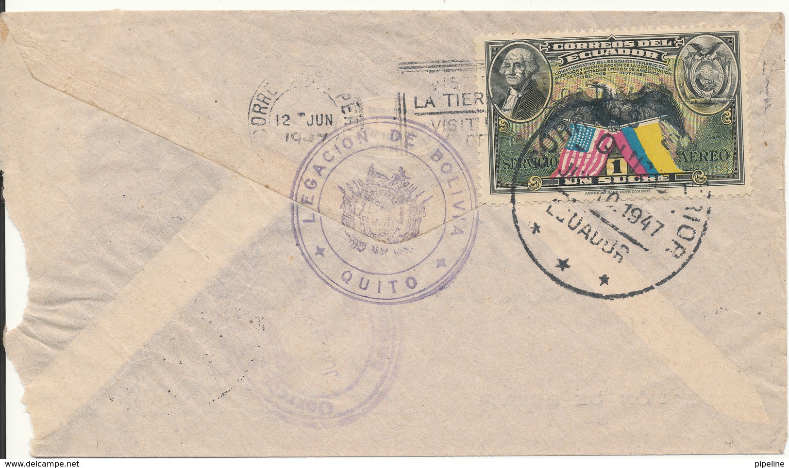 Ecuador Air Mail Cover Sent To Peru 1947 Single Franked On The Backside Of The Cover (the Cover Is Damaged In The Left - Bolivia