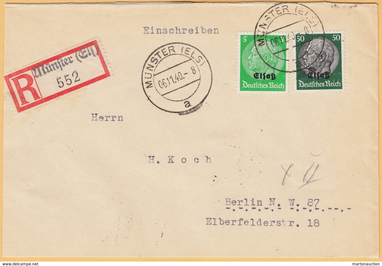 GO Of France Alsace 1940. 5+50Pf Hindenburg Overprinted Elsas Stamps On Registered Cover Münster To Berlin - Occupation 1938-45