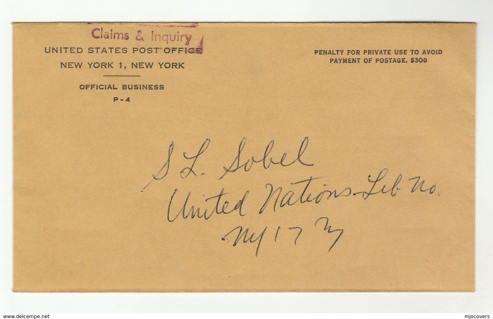 US POST OFFICE CLAIMS & ENQUIRY  Official Business Postal STATIONERY COVER New York Usa - 1961-80