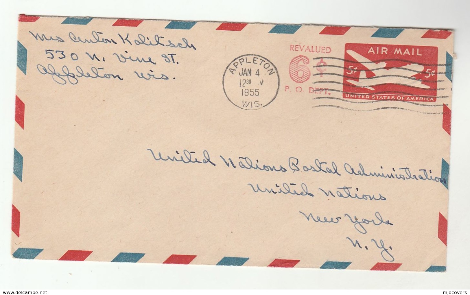 1955 6+5c AIRMAIL Postal STATIONERY COVER  Appleton USA To UNITED NATIONS Un Aviation Stamps - 1941-60