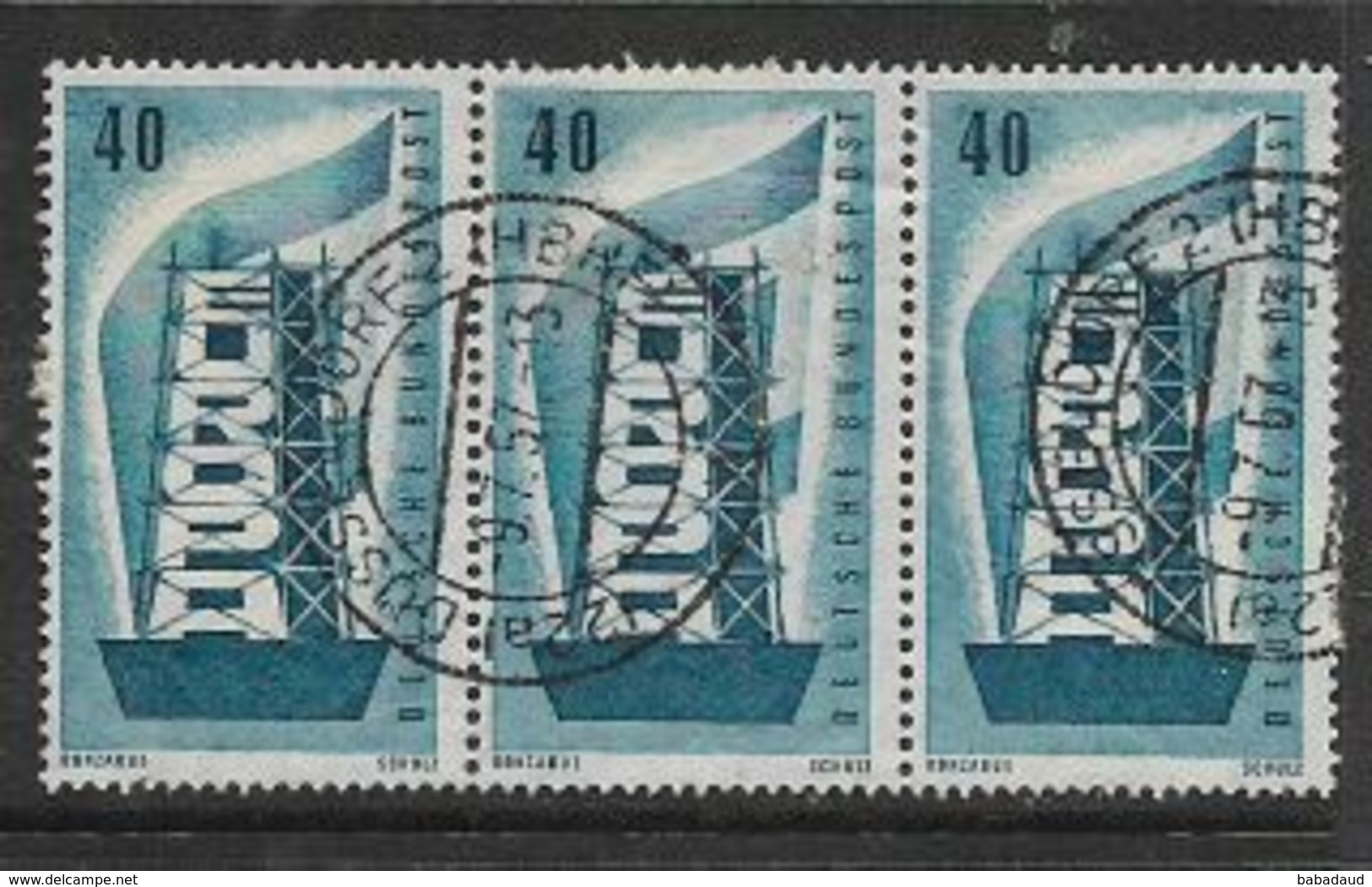 Germany, 1956, Europa 40pf, Strip Of 3 Used, DUSSELDORF HBHF 9.7.57 Cds - Used Stamps