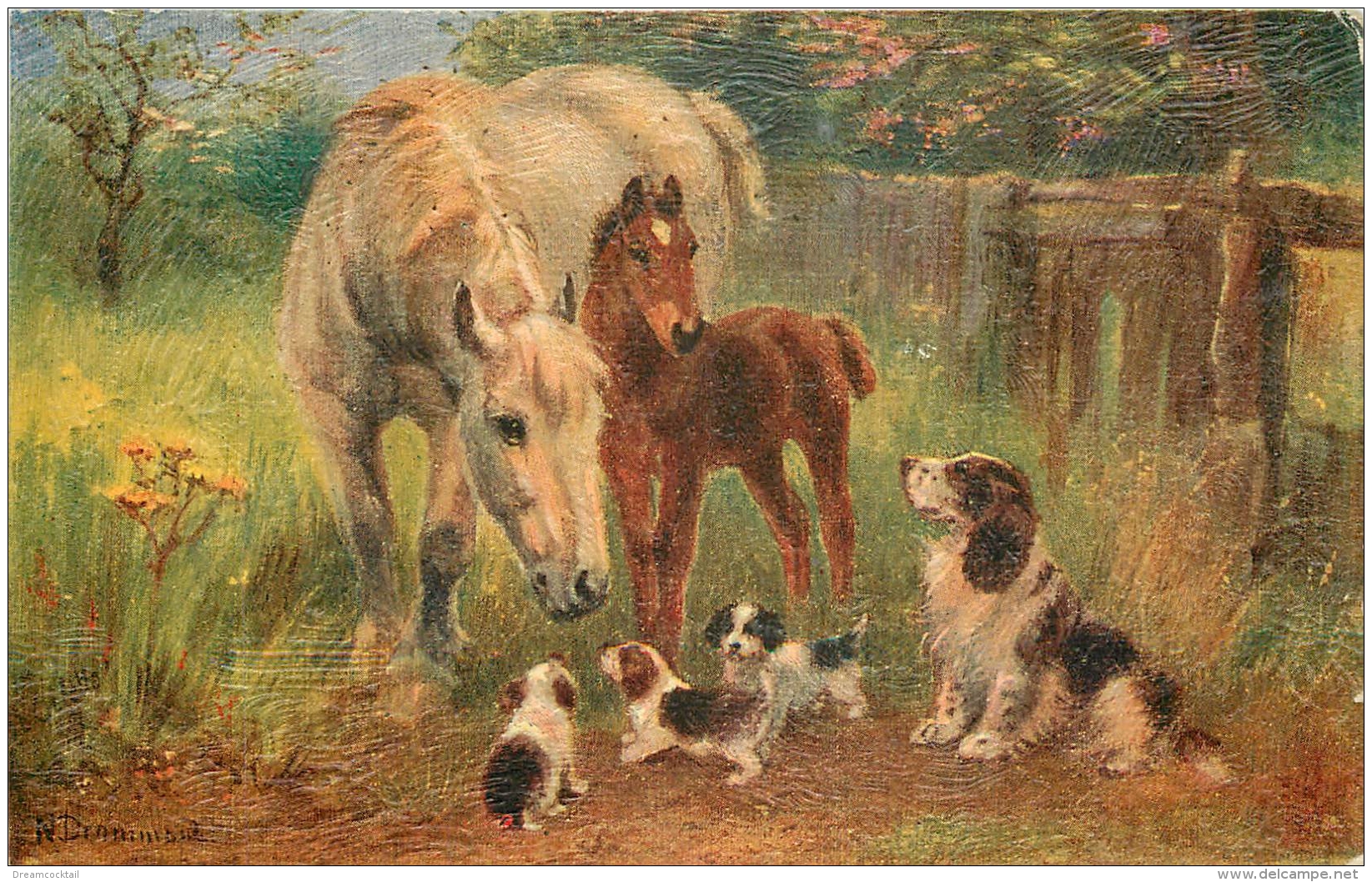 Chevaux Et Chiens. Carte Oilette Style Peinture Au Couteau - Horses