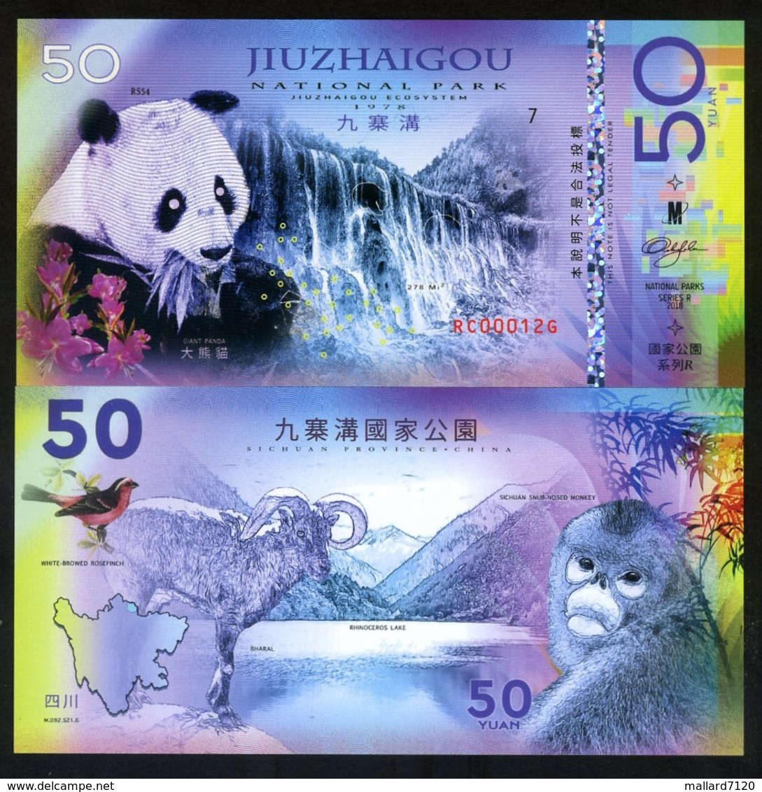 China, Jiuzhaigou National Park, 50 Yuan, Polymer, 2018 - Panda, Monkey - Autres & Non Classés