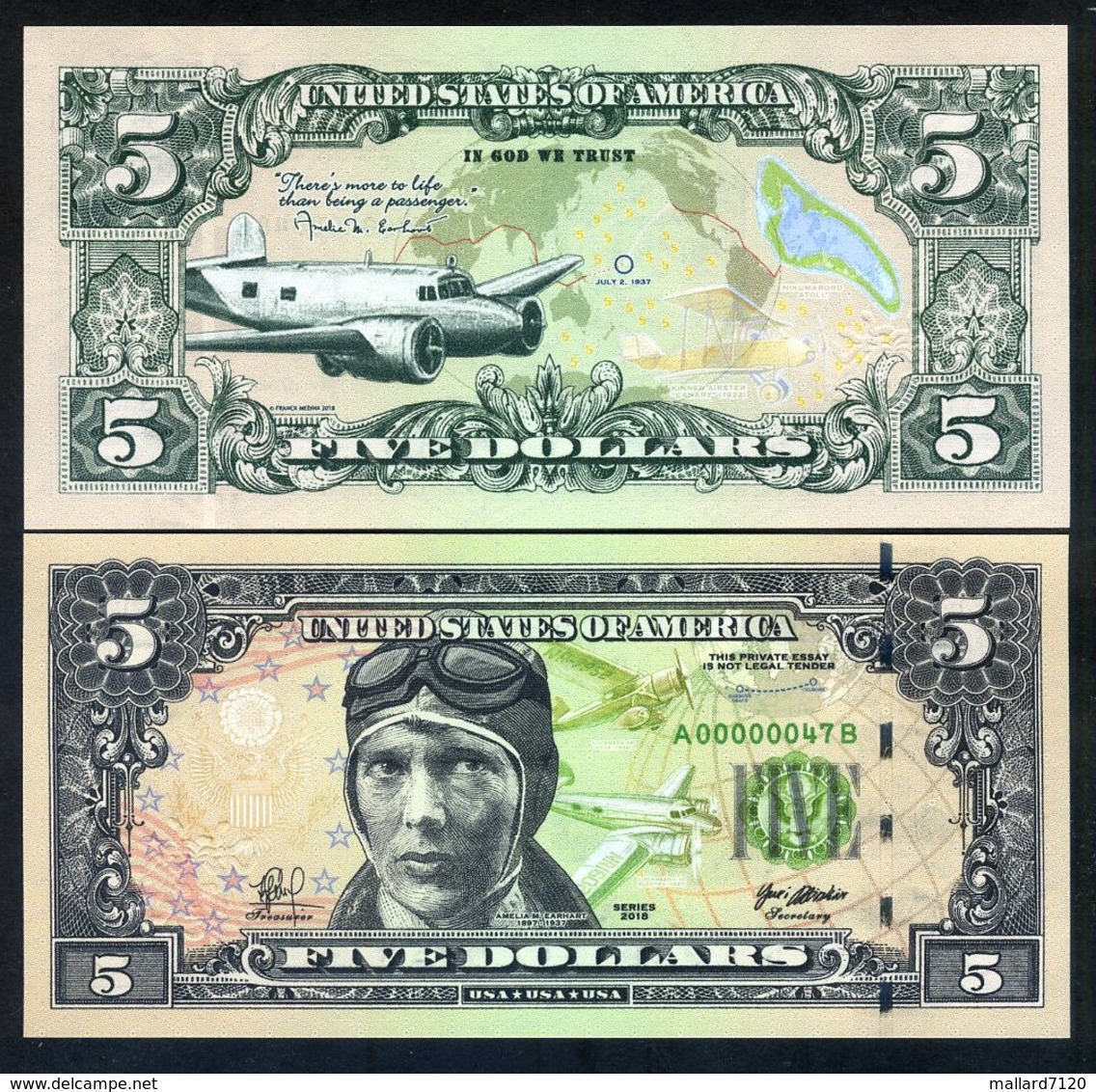 USA, 5 Dollars, 2018, Private Issue, Essay Proposed Design - Amelia Earhart - Autres & Non Classés