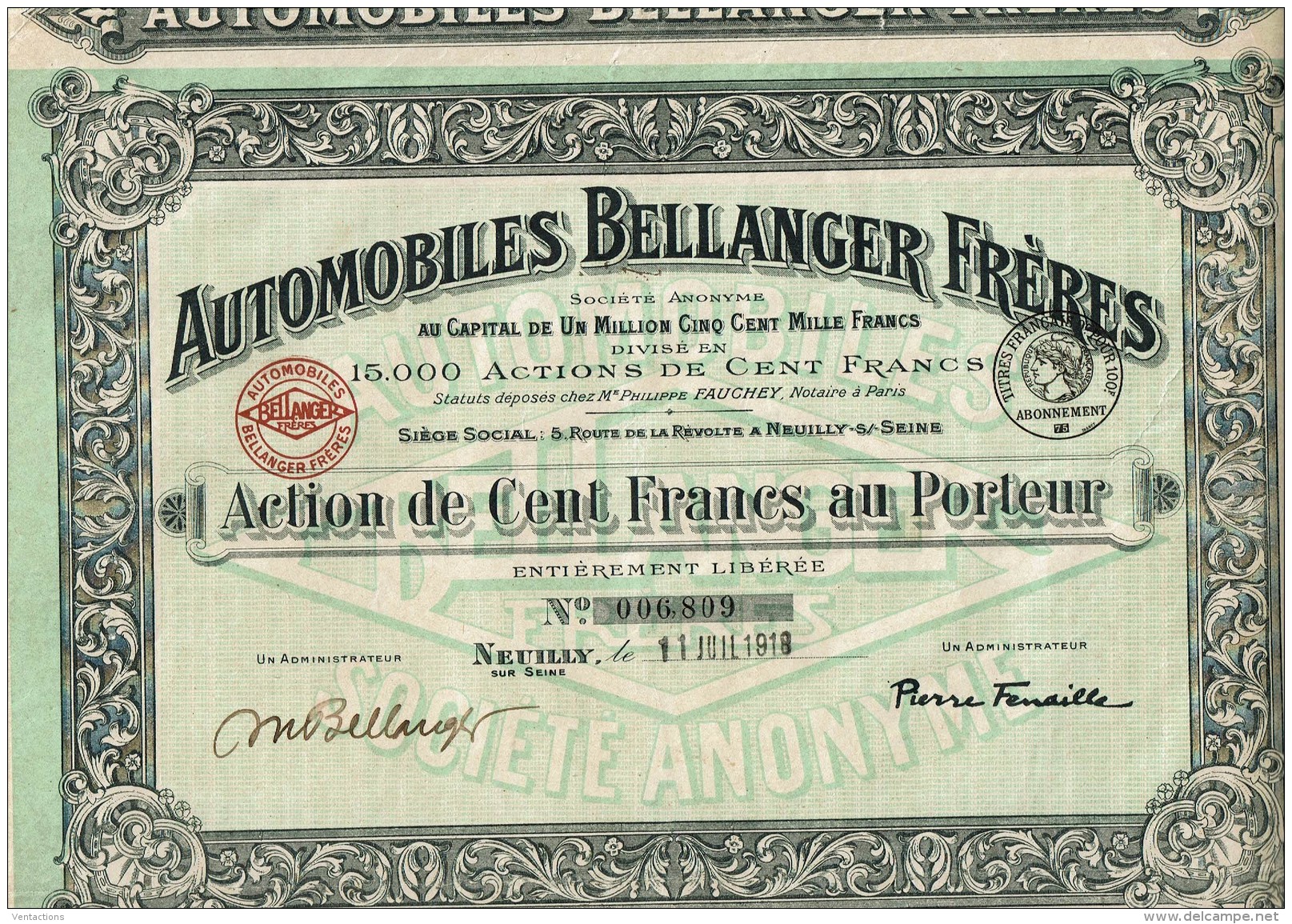 92-AUTOMOBILES BELLANGER FRERES. 1918. NEUILLY / SEINE. Capital De 1,5 MF - Other & Unclassified