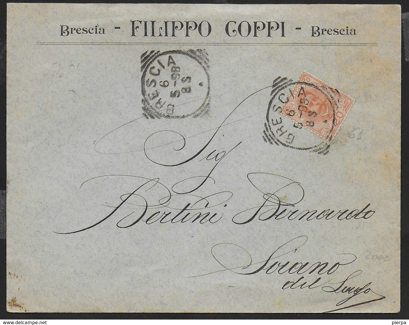 STORIA POSTALE REGNO - ANNULLO TONDO RIQUADRATO BRESCIA 06.05.1898 SU BUSTA INTESTATA PER SOIANO DEL LAGO - Storia Postale