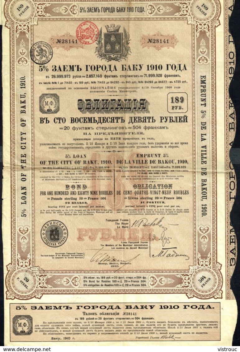 VILLE DE BAKOU - Obligation De 189 Roubles - 1910. - A - C