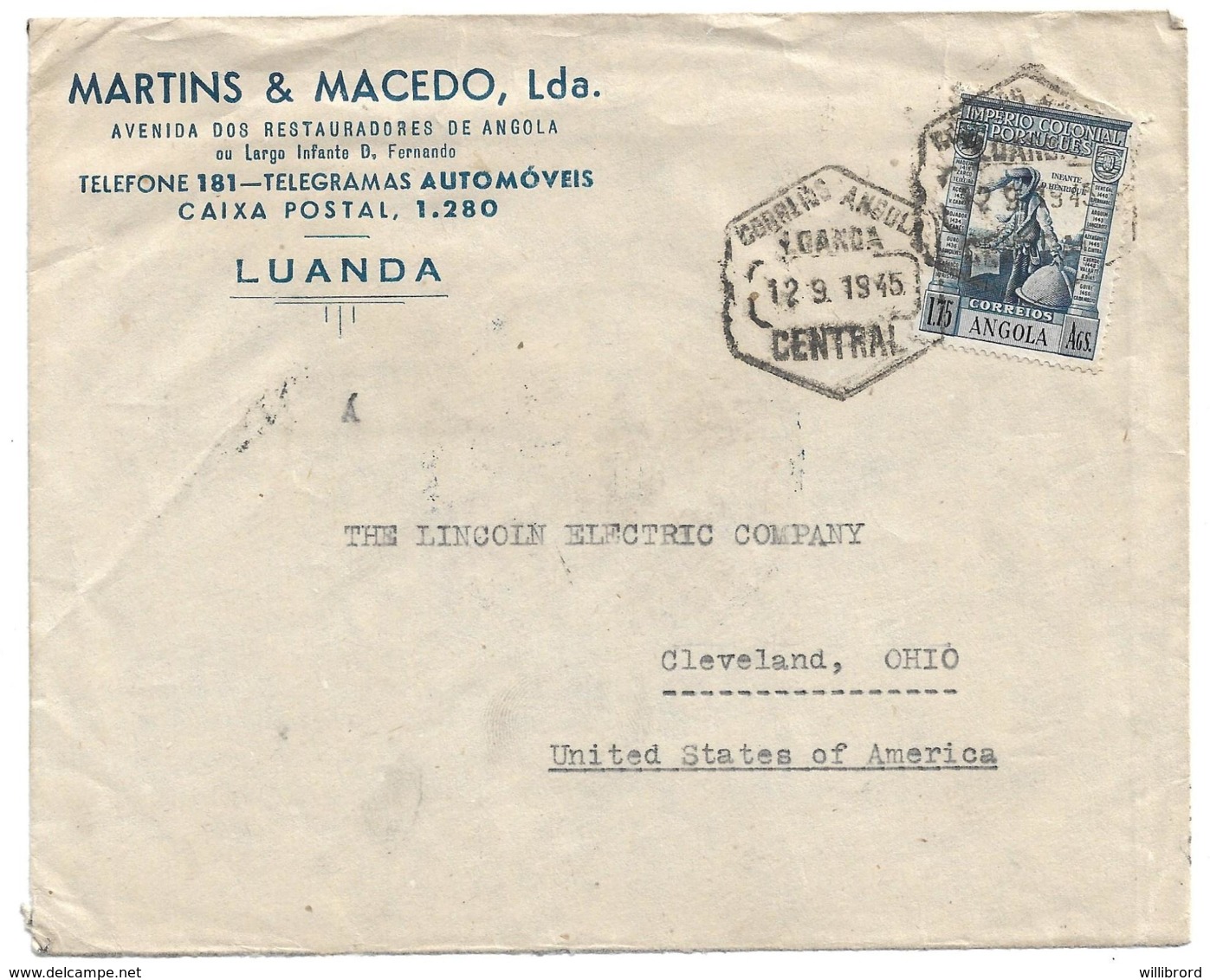 ANGOLA (Portugal) 1945 Advertising Cover - Car Batteries And Tires - 1.75 Vasco Da Gama Franking To USA - Angola