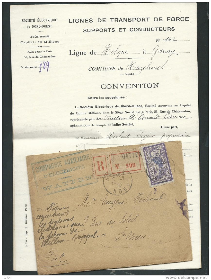 Lettre  Recommandée De Watten ( Nord) Affranchie Par 60 Ents Type Merson En 1921  -  Pb16602 - 1900-27 Merson