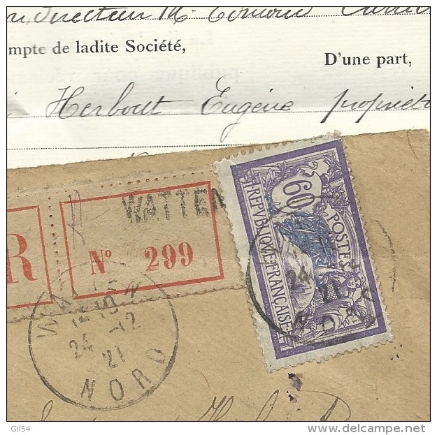 Lettre  Recommandée De Watten ( Nord) Affranchie Par 60 Ents Type Merson En 1921  -  Pb16602 - 1900-27 Merson