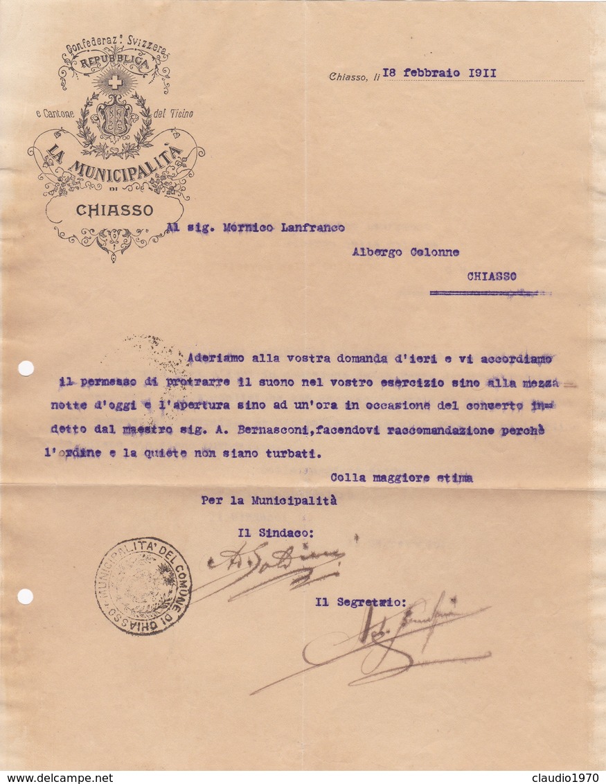 DOCUMENTO DI COMUNICAZIONE - DEL MUNICIPIO DI CHIASSO ( CANTON TICINO ) INVIATO ALL' ALBERGO COLONNE DI CHIASSO - Switzerland