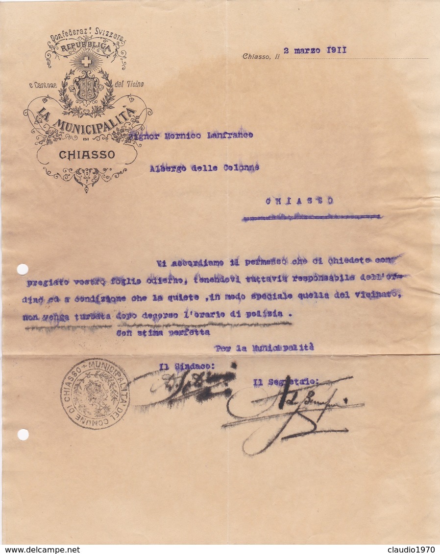 DOCUMENTO DI COMUNICAZIONE - DEL MUNICIPIO DI CHIASSO ( CANTON TICINO ) INVIATO ALL' ALBERGO COLONNE DI CHIASSO - Svizzera