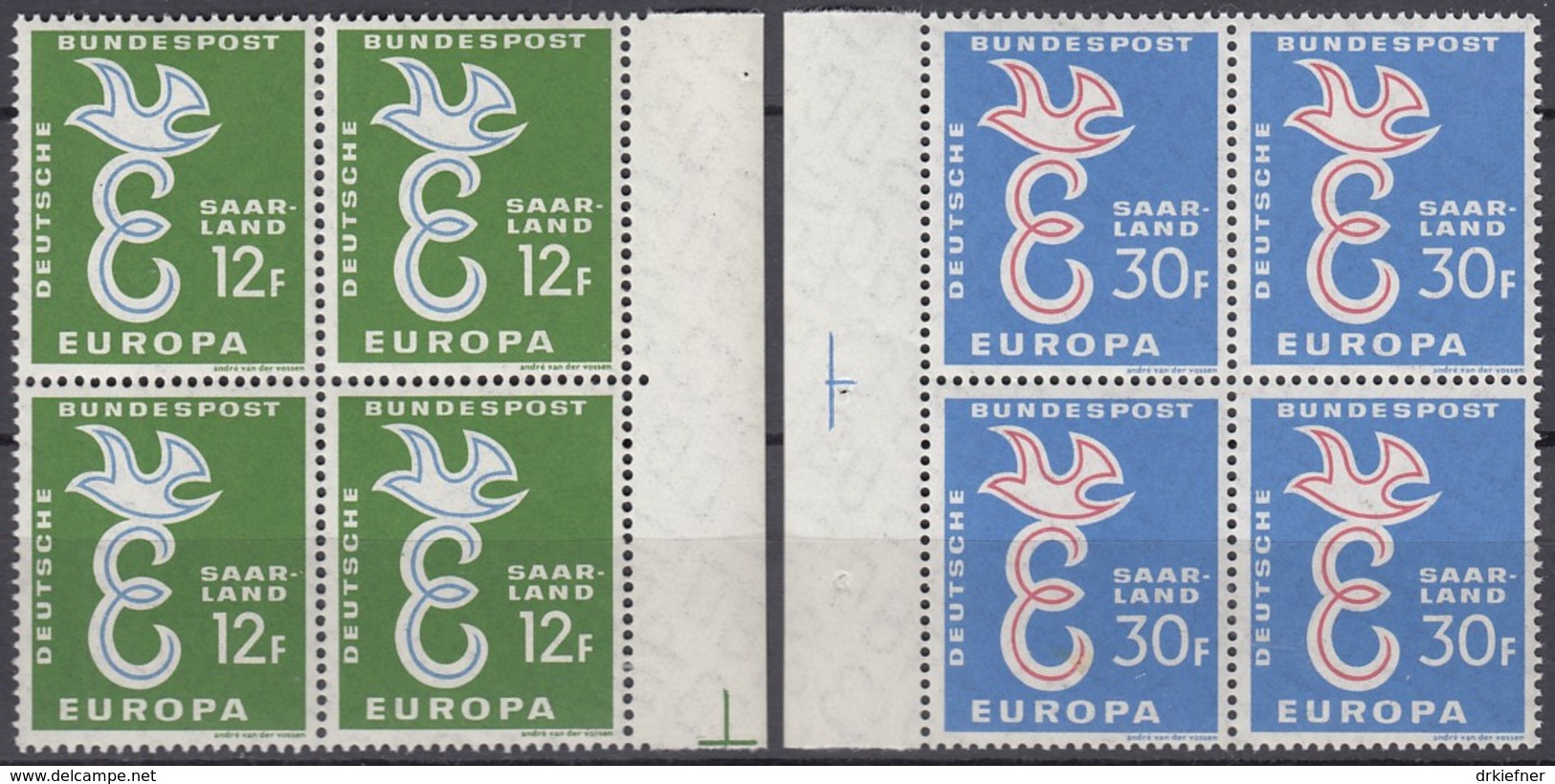 SAARLAND 439-440, 4erBlock, Postfrisch **, Europa CEPT 1958, Taube über E - 1958