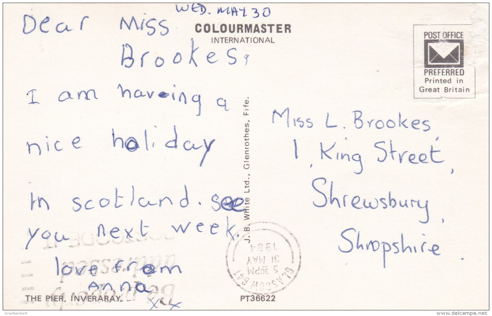The Pier, Inverary, Scotland - Posted 1984 No Stamp - Argyllshire