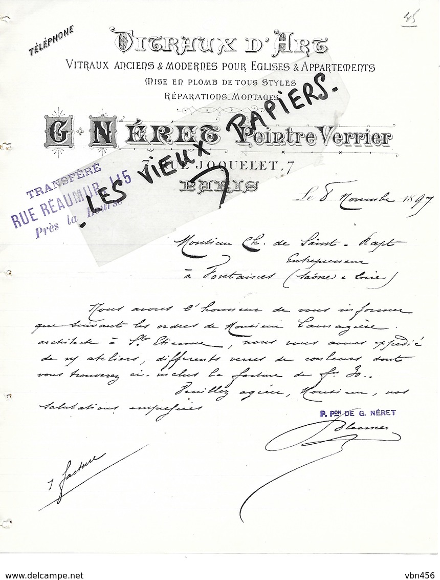 75 - Paris - PARIS - Facture NERET - Peintre Verrier, Vitraux D'art - 1897 - REF 105C - 1900 – 1949