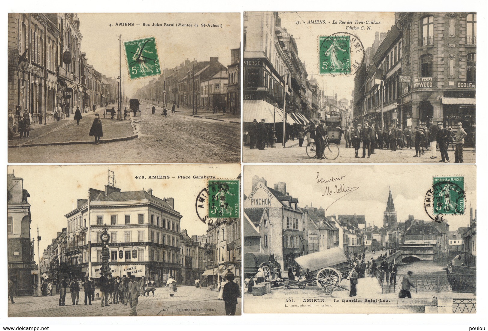 80 AMIENS Lot De 4 CPA 1900 Animées Quartier Saint Leu - Rue Des Trois Cailloux - Place Gambetta - Rue Jules Barni - Amiens