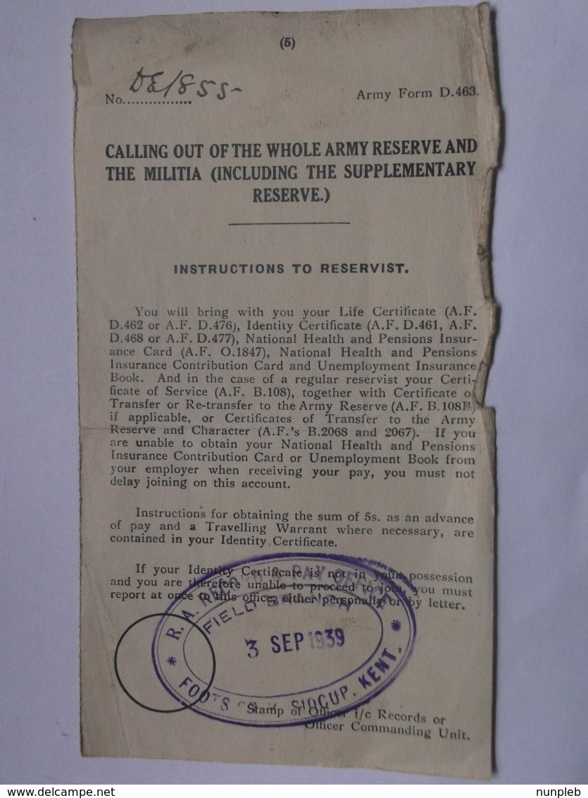 GB WW2 Mobilization Form D.463 - Sidcup Kent Cachet 4/9/1939 - 2 Scans - Historische Dokumente