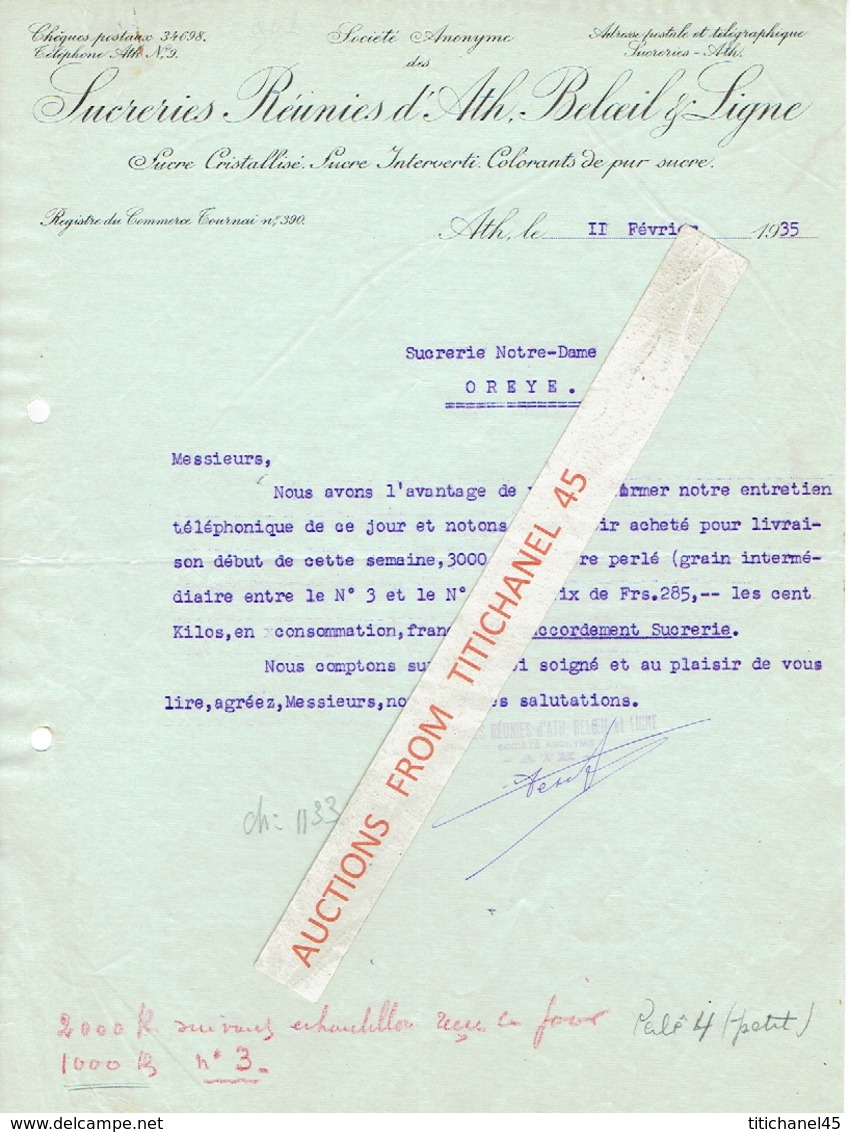 Lettre De 1935 - ATH - Sucreries Réunies D'Ath, Beloeil & Ligne - Autres & Non Classés