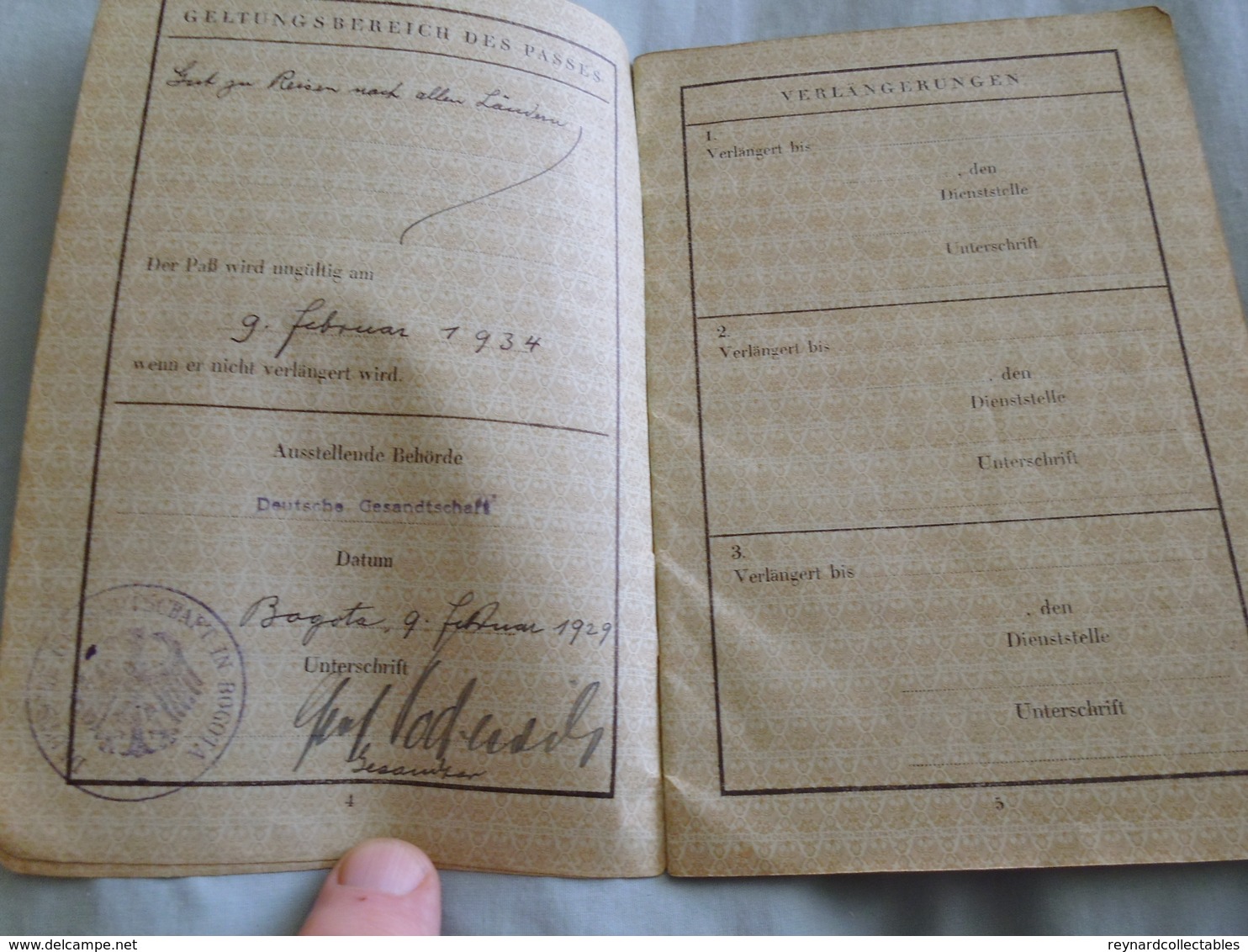 1929 German Reisepass Passport Issued German Consul Bogota Colombia, 14 Year Old Boy. Czech Entries - Historische Dokumente