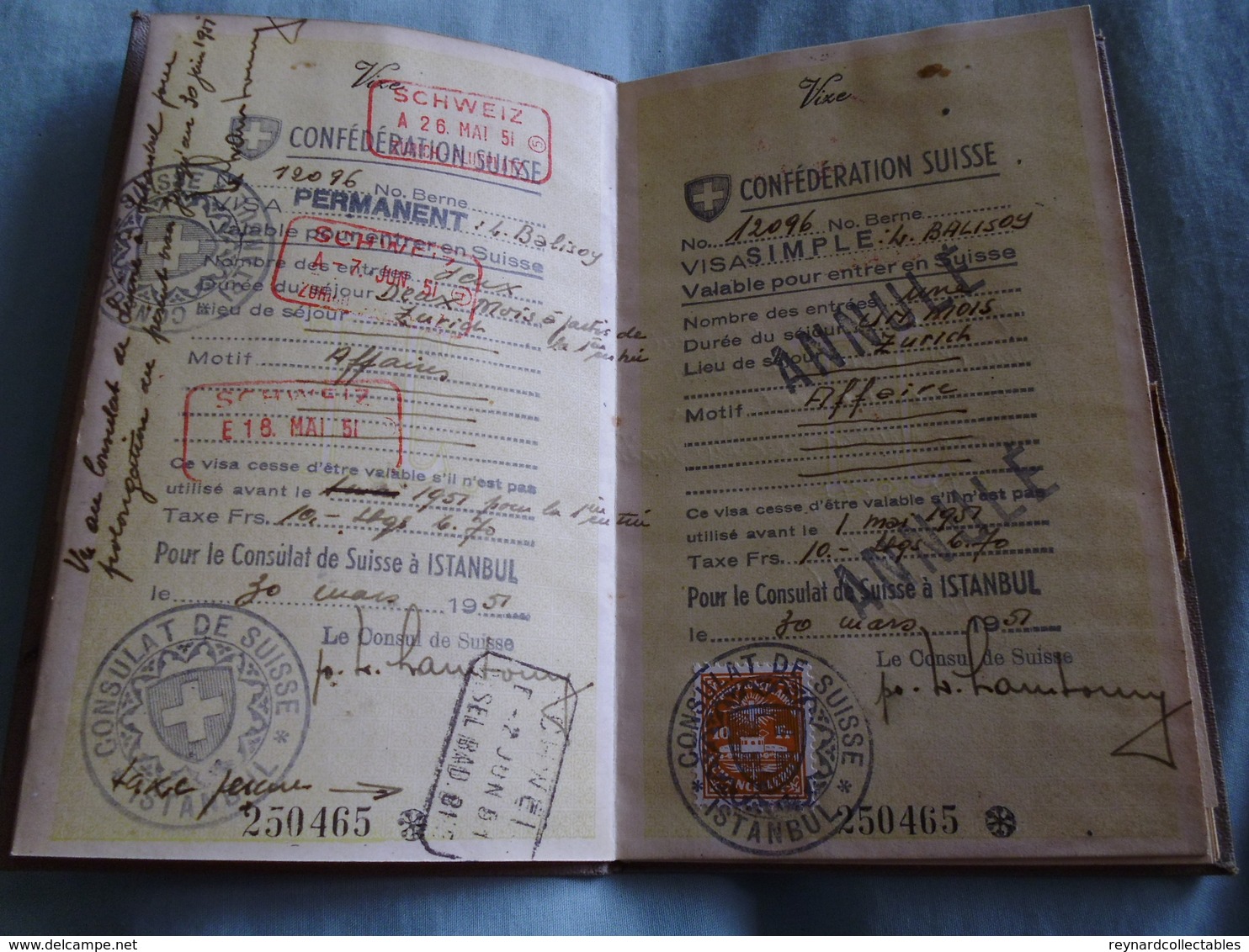 1951 Turkey Reisepass Passport Istanbul. Swiss, German, Greek(!) handstamps. Fiscals.