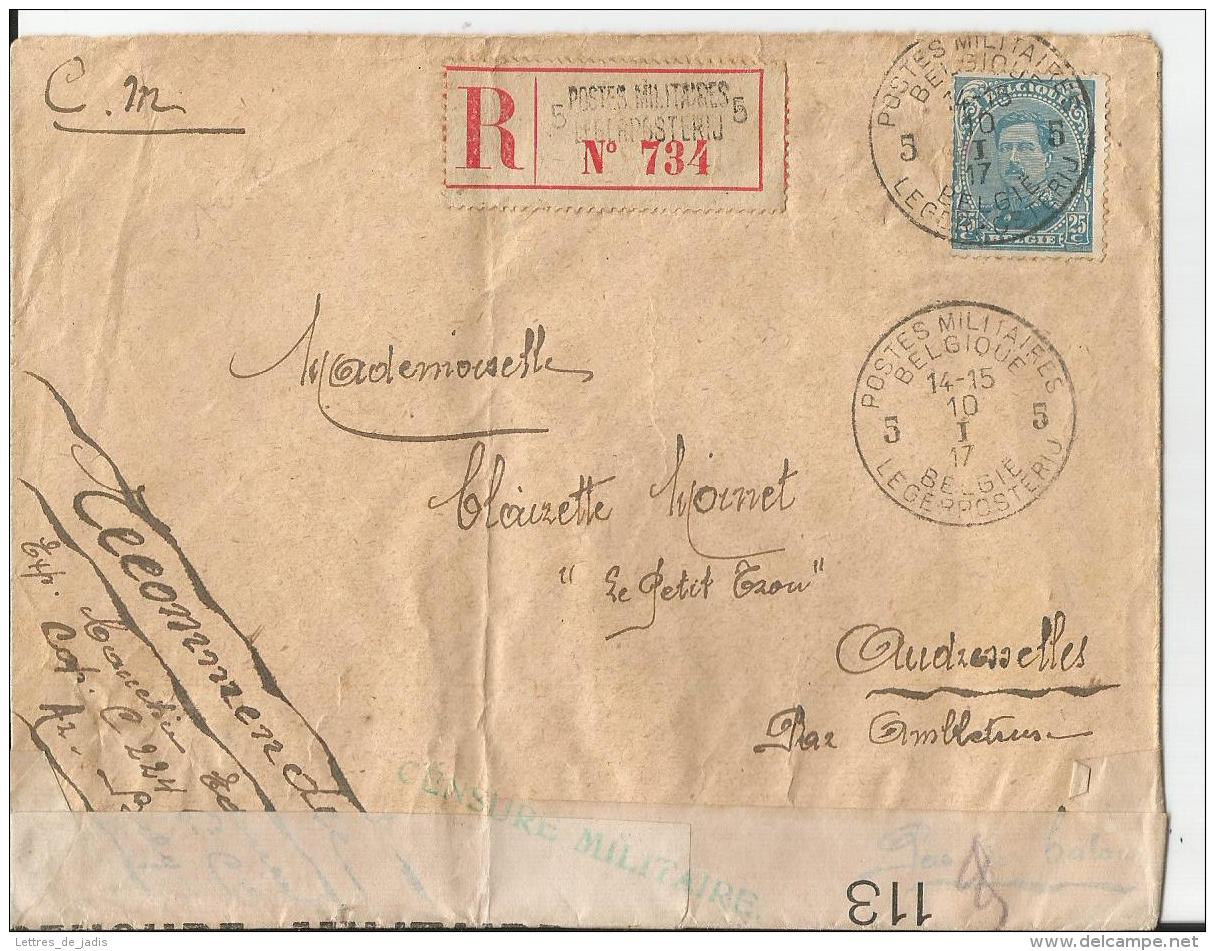 Env Cad  POSTES MILITAIRE BELGIQUE R  REC Et Censurée  10/1/1917  TB - WW I