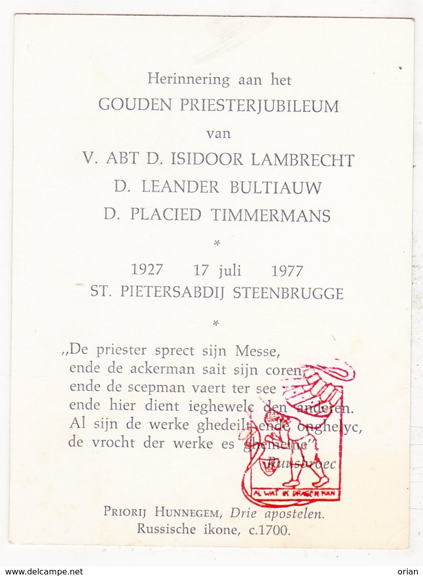 EH Abt I. Lambrecht EH Bultiauw EH Timmermans - Gouden Priester Jubilé 1977 St.-Pieters Abdij Steenbrugge / Hunnegem - Devotion Images