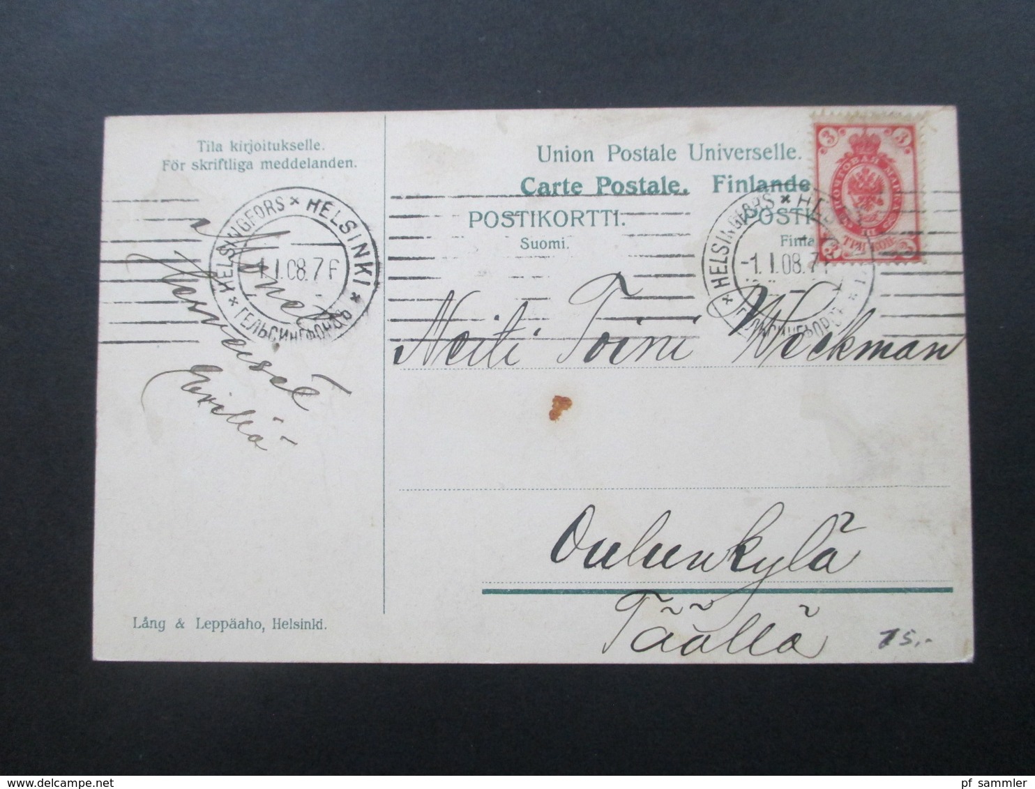 Finnland 1907 Künstlerkarte Onnellista Uutta Vuotta. Stempel Helsinki Michel Nr. 37 Russisches Staatswappen - Storia Postale