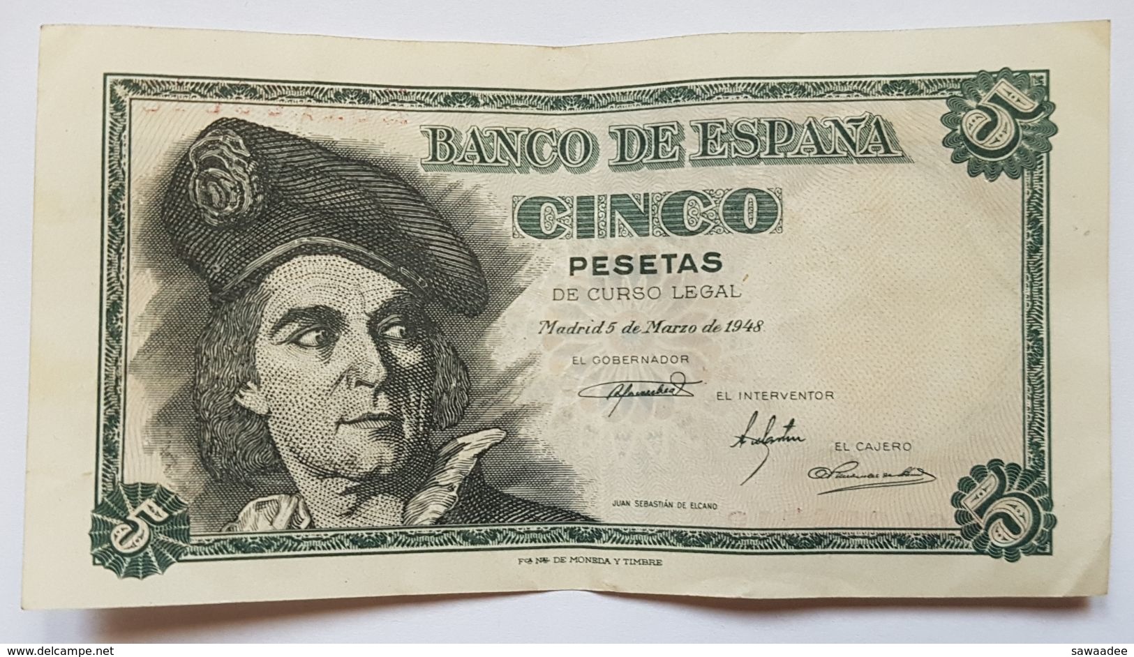 BILLET ESPAGNE - BANCO DE ESPANA - P.136a - 5 PESETAS - 1948 - PORTRAIT JUAN SEBASTIAN DE ELCANO - 5 Peseten