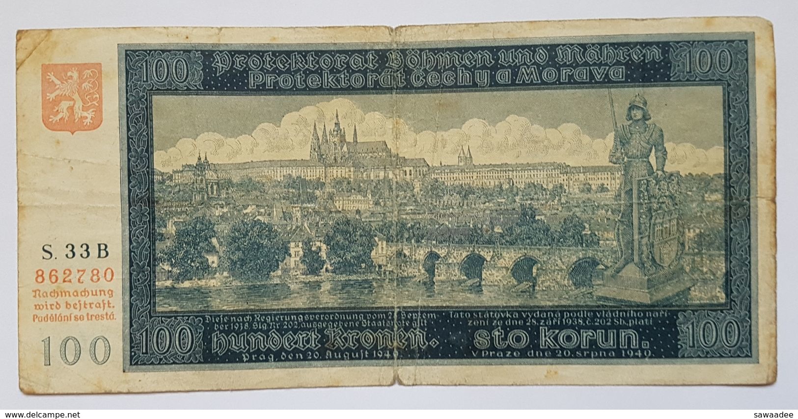 BILLET OCCUPATION ALLEMANDE - PROTECTORAT BOHEME ET MORAVIE - P.5a - 100 KORUN - CHATEAU ET PONT CHARLES - PRAGUE - Other & Unclassified