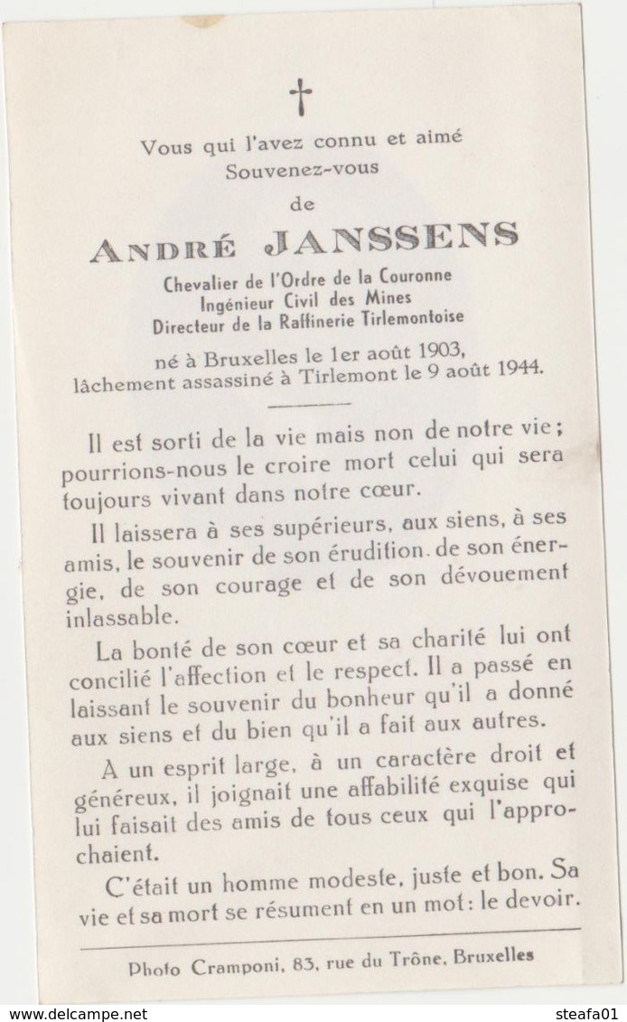 Tienen, Thienen, Tirlemont, Doodsprentje André Janssens Directeur Suikerfabriek Vermoord 9 Augustus 1944!!!! - Tienen