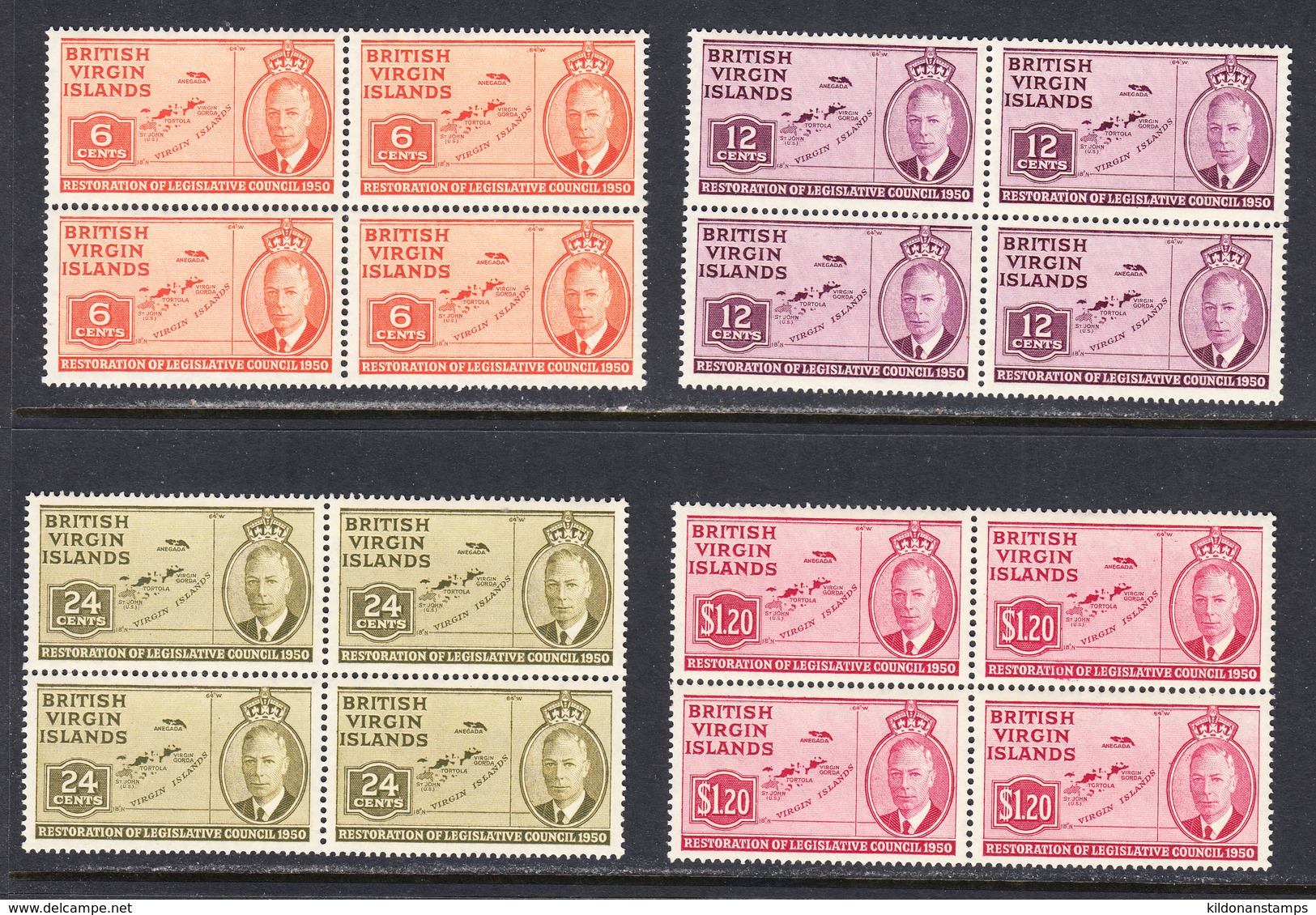 British Virgin Islands 1951 Mint No Hinge, Blocks, Sc# 98-101, SG 132-135 - Britse Maagdeneilanden