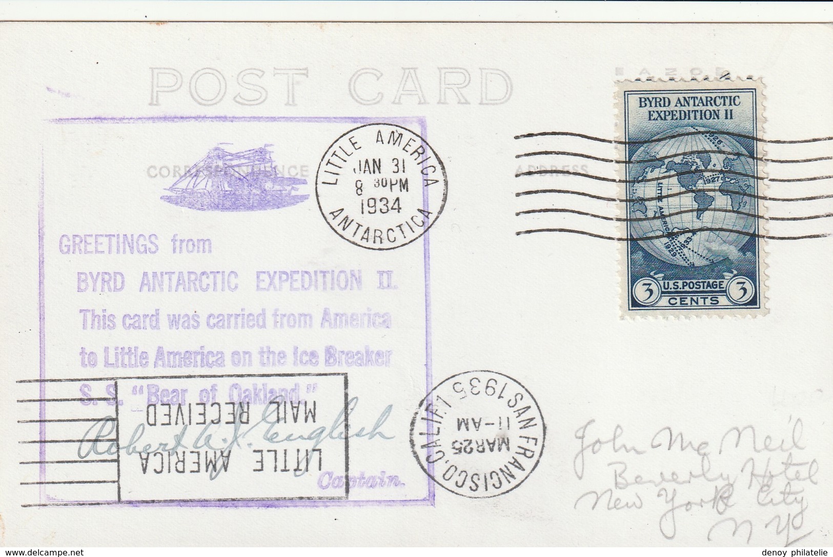 Carte Postale De L 'anniversaire L'expedition Antartique "Bear Of Oakland " 1934 - ...-1955 Prephilately