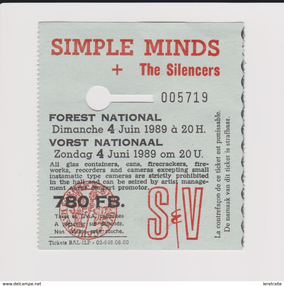 Concert SIMPLE MINDS + THE SILENCERS 4 Juin 1989 à Forest B - Tickets De Concerts