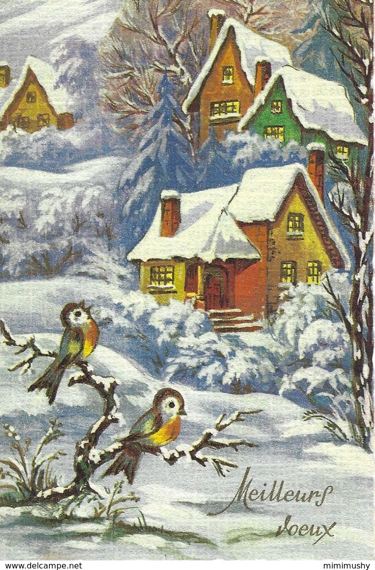 Carte Meilleurs Voeux Bonne Année - Neige, Maisons, Oiseaux - Nouvel An